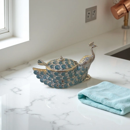 Silver peacock-shaped blue-green enamel storage box, seasoning jar and storage jar Silver peacock-shaped blue-green enamel storage box, seasoning jar and storage jar